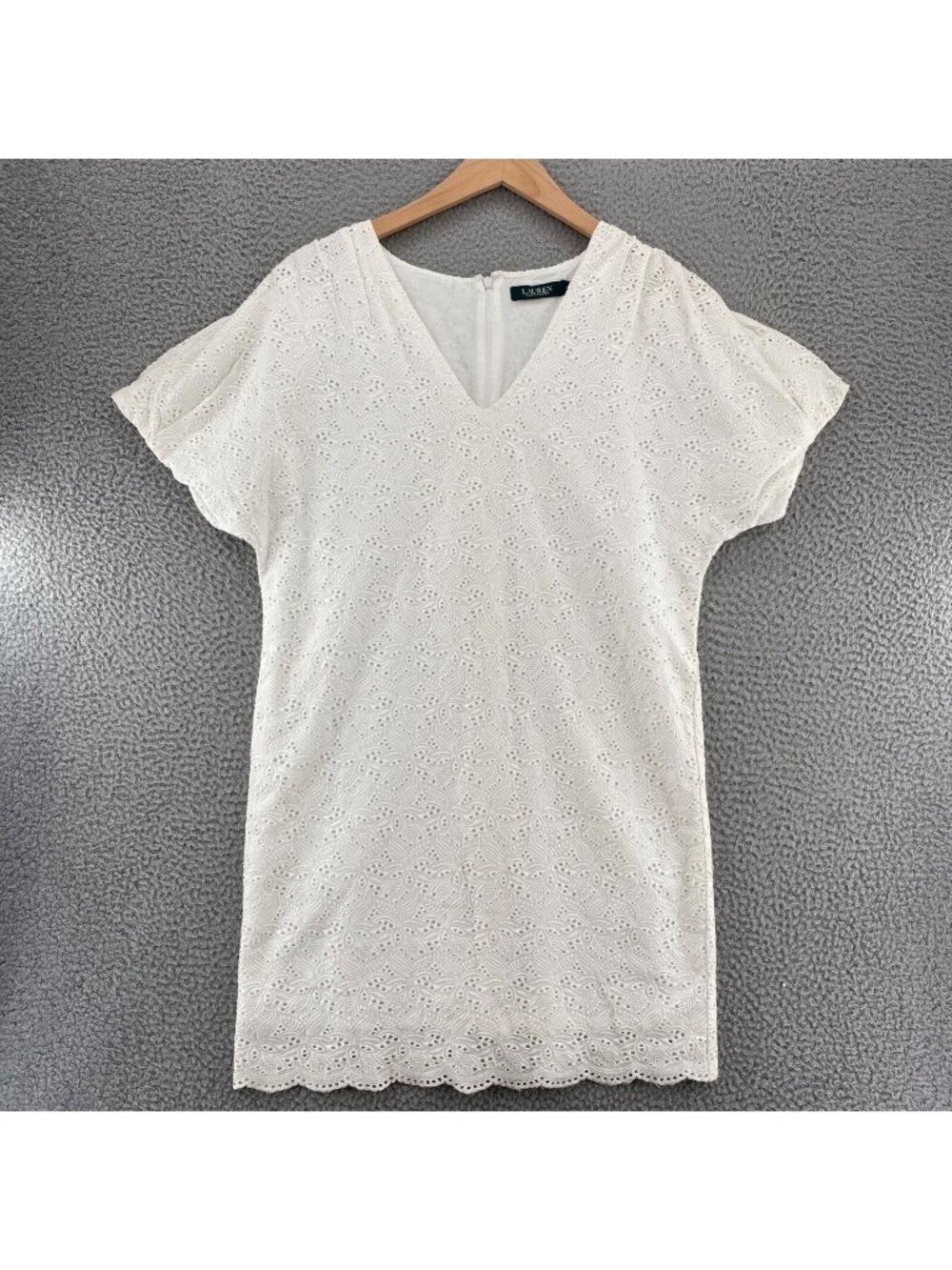 Lauren Ralph Lauren Dress Womens 4 White Cotton Mini Shift Eyelet Lace V Neck
